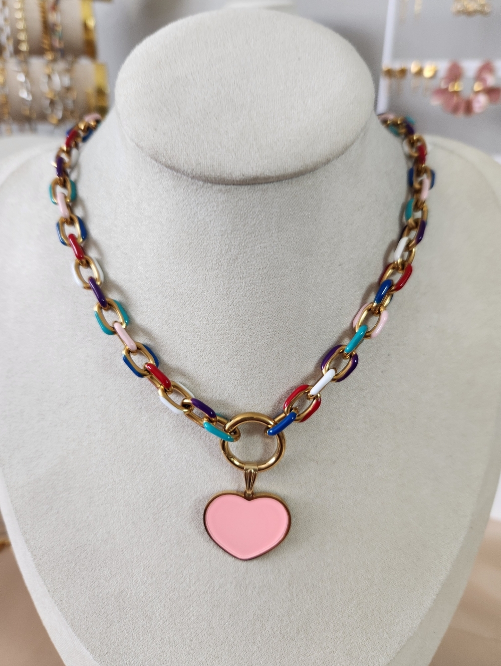 Multicolor Enamel Heart Charm Neckalce
